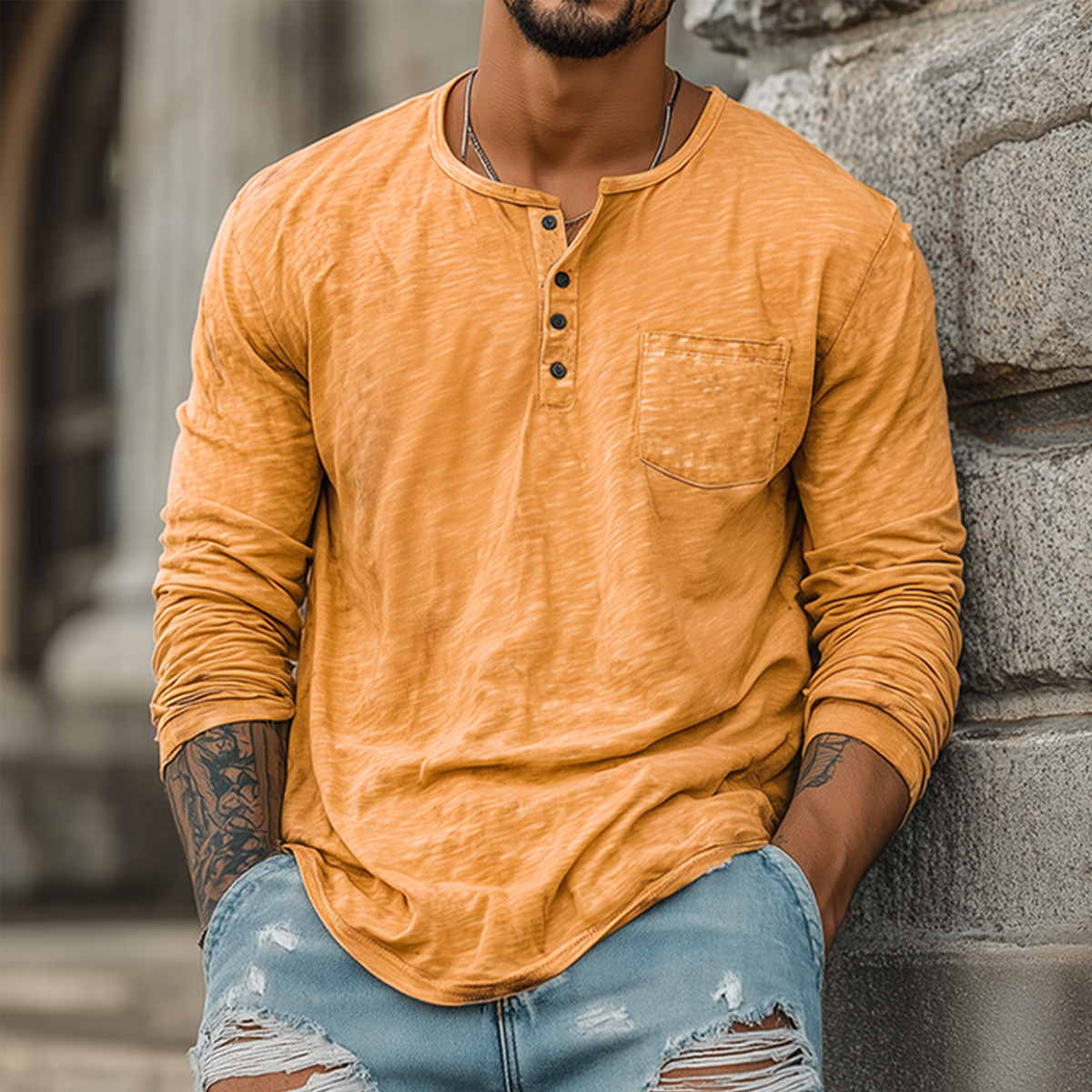 Men's Spring And Summer Casual Tough Style Henry Collar Bamboo Cotton Long Sleeve T-Shirt