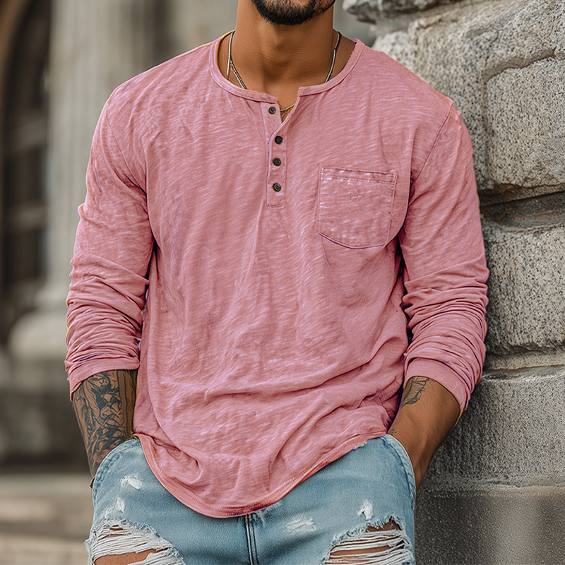 Men's Spring And Summer Casual Tough Style Henry Collar Bamboo Cotton Long Sleeve T-Shirt