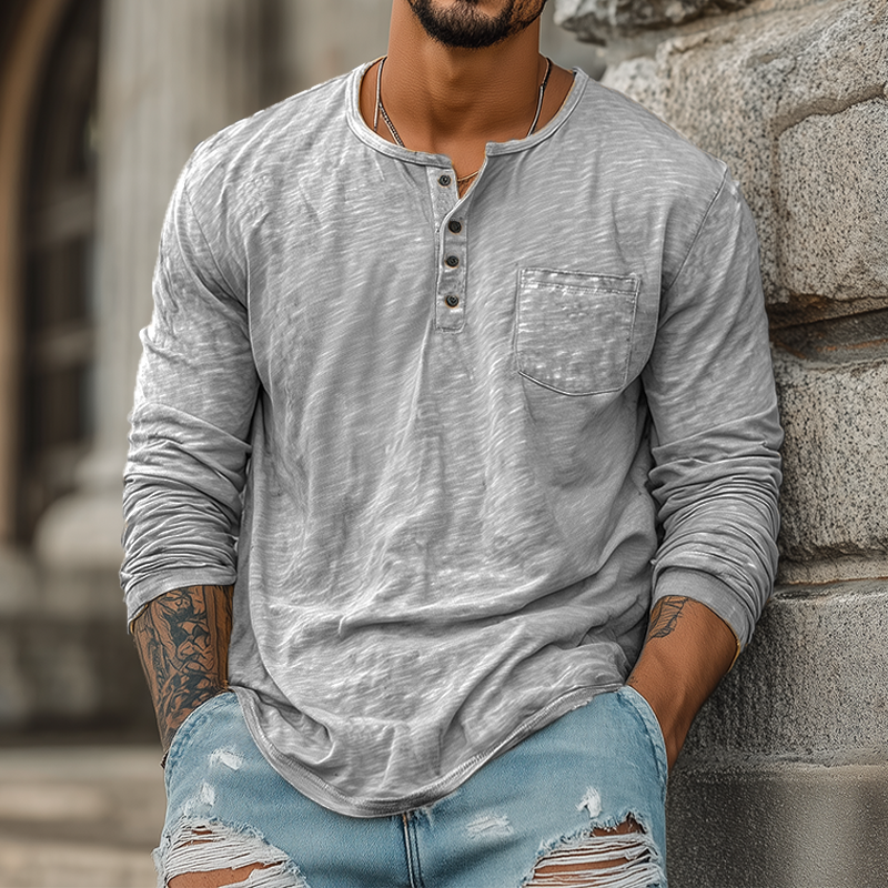 Men's Spring And Summer Casual Tough Style Henry Collar Bamboo Cotton Long Sleeve T-Shirt