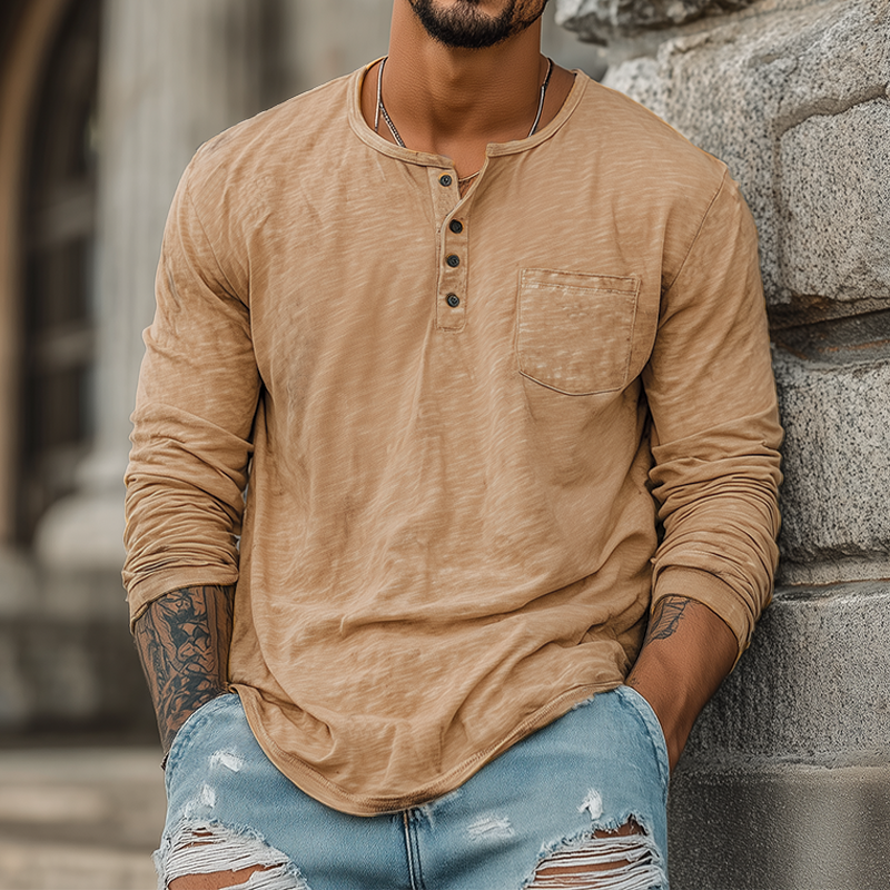 Men's Spring And Summer Casual Tough Style Henry Collar Bamboo Cotton Long Sleeve T-Shirt