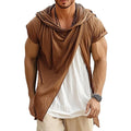 Men's Retro Casual Cotton Linen Colorblock Fake Two-Piece Hooded Short-Sleeved Shirt