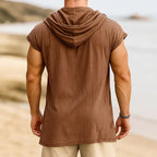 Men's Retro Casual Cotton Linen Colorblock Fake Two-Piece Hooded Short-Sleeved Shirt