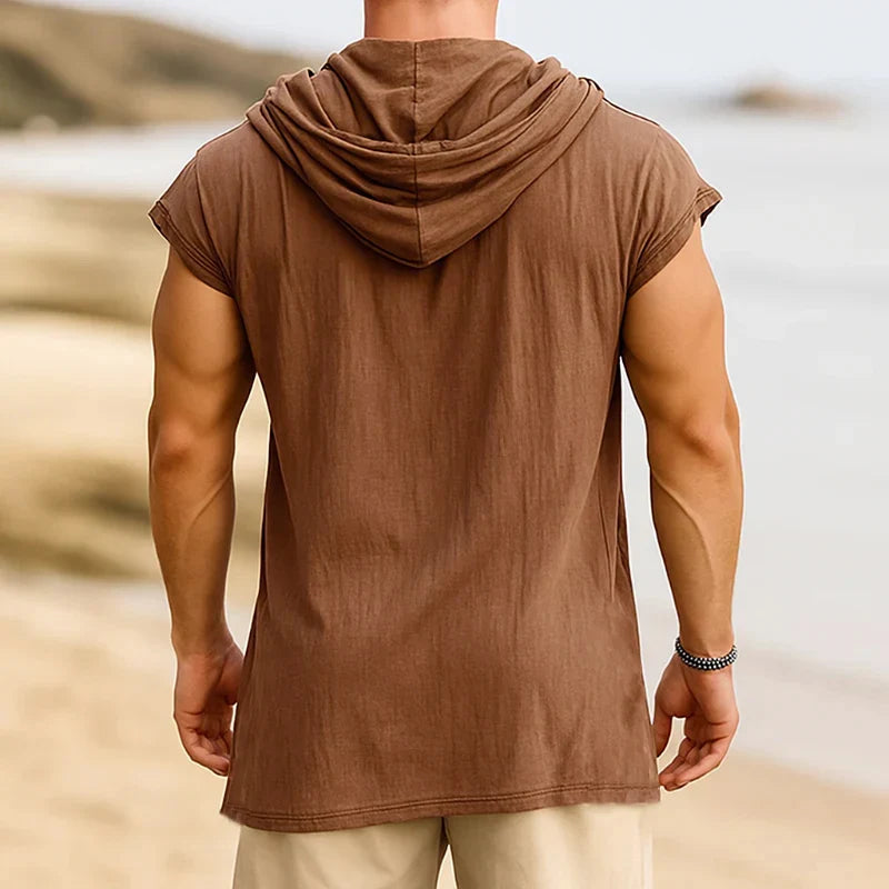 Men's Retro Casual Cotton Linen Colorblock Fake Two-Piece Hooded Short-Sleeved Shirt
